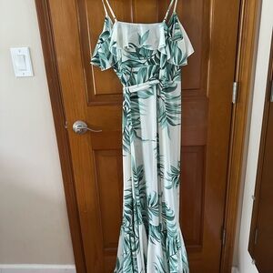 Luxxel White and Green Resort Maxi Dress with Ruffled Tiers